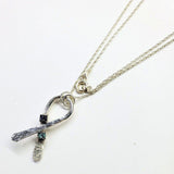 Silver Suicide Prevention Awareness Ribbon Necklace with Purple and Teal Crystals from Alexa Martha Designs