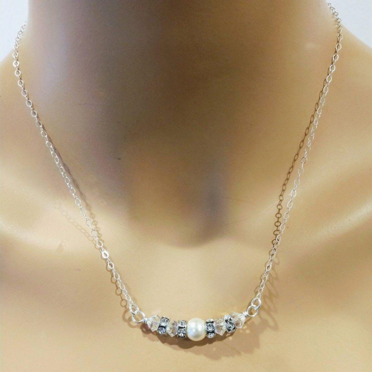 Silver Swarovski Crystal Pearl Bar Bridal Necklace from Alexa Martha Designs