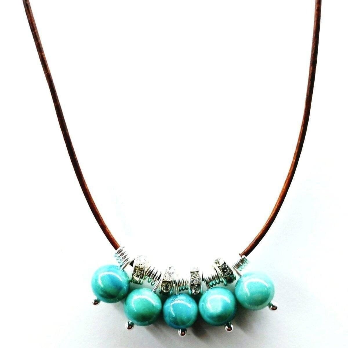 Silver Green Blue Shell Bead Charm Leather Necklace from Alexa Martha Designs