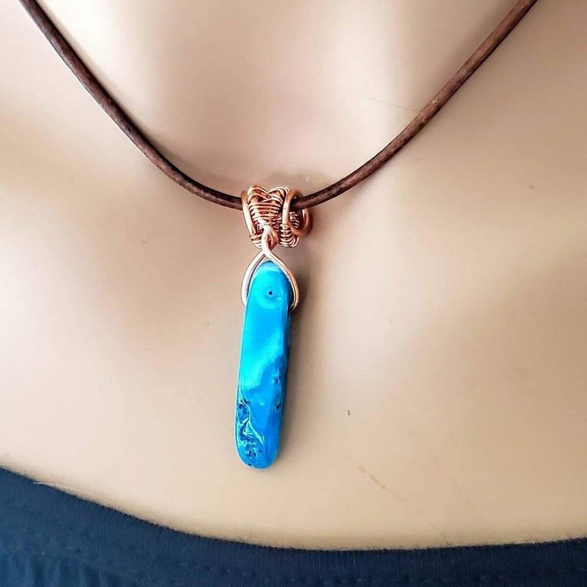 Wire Wrapped Pointed Turquoise Agate Leather Necklace for Him and Her from Alexa Martha Designs