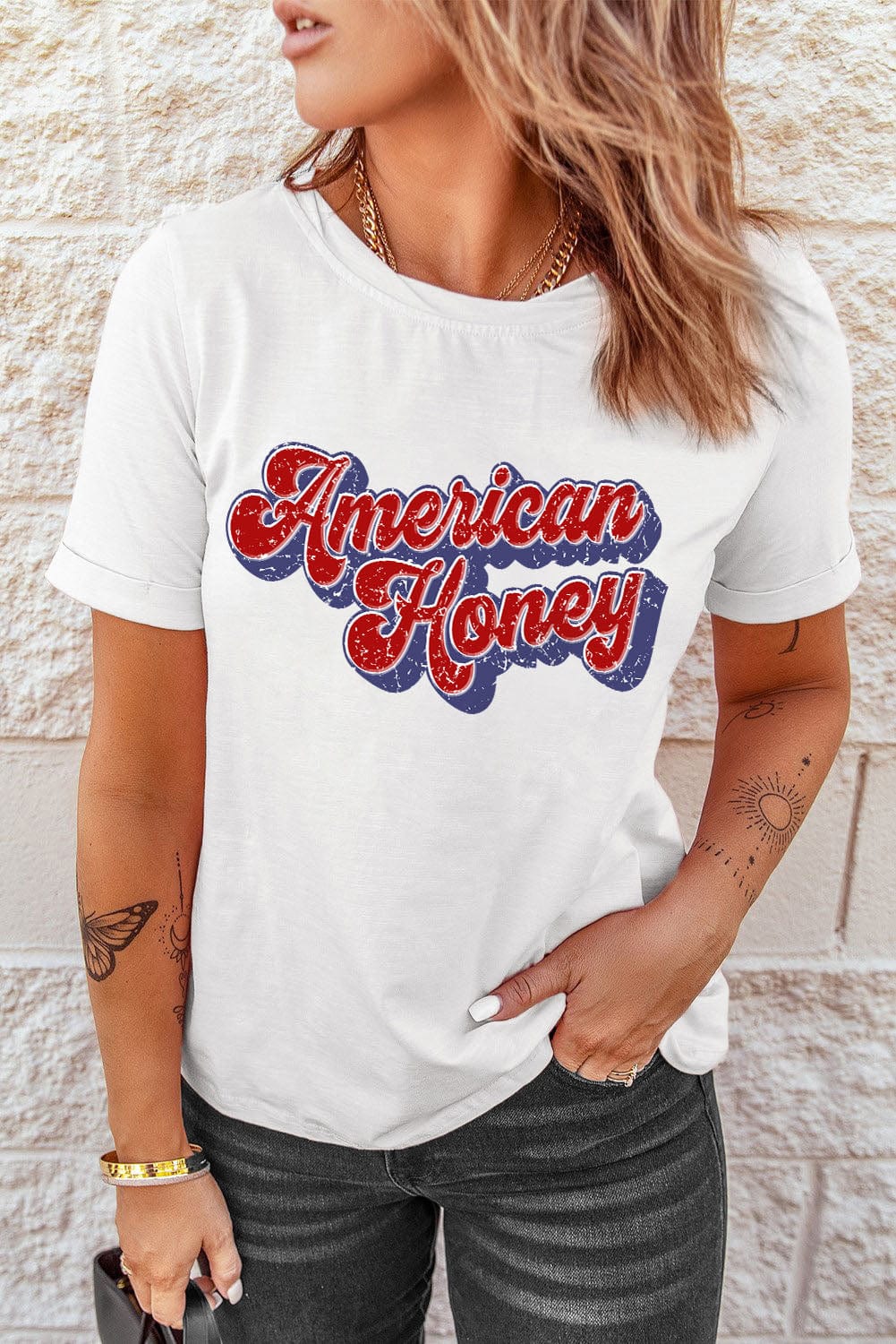 American Honey Distressed Graphic Tee - White from MsDressly
