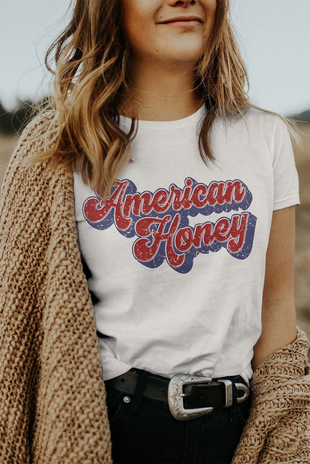American Honey Distressed Graphic Tee - White from MsDressly