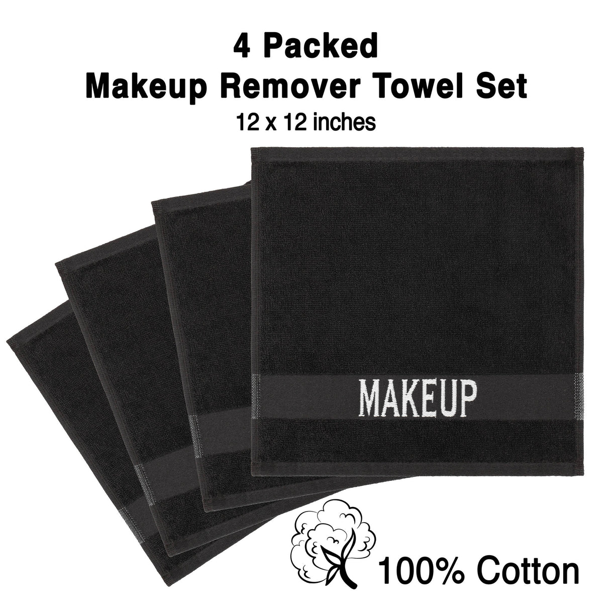 American Soft Linen, Makeup Remover Face Cloth, 100% Cotton Makeup Towels, 4 Packed Face Towels, 12x12 inches, Black - 100 Set Case Pack From American Soft Linen