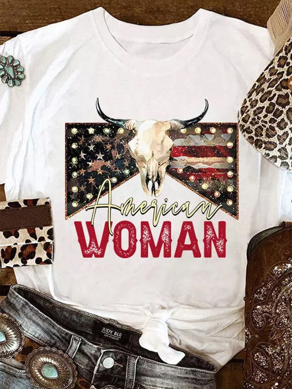 American Woman Bull Skull Print White Graphic Tee from MsDressly