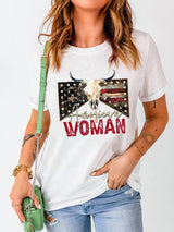 American Woman Bull Skull Print White Graphic Tee from MsDressly
