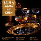 Vintage Crystal Champagne Coupe Gold Rim Hexagonal Angled Glasses | Set of 4 | 6 oz, Art Deco Rim Classic Cocktail Glassware - Martini, Cosmopolitan, Sidecar, Daiquiri | 1920s Style Saucer Goblets from The Wine Savant