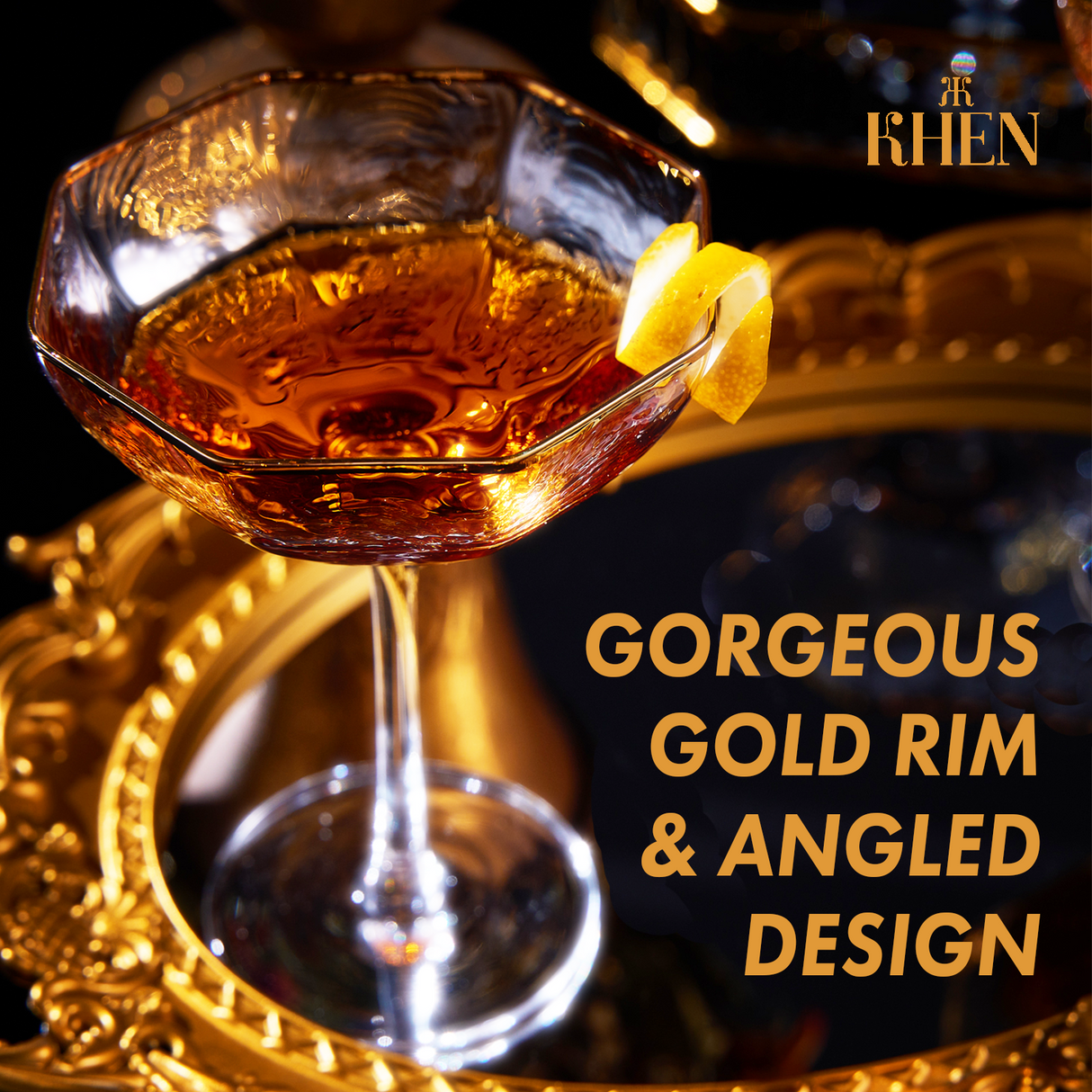 Vintage Crystal Champagne Coupe Gold Rim Hexagonal Angled Glasses | Set of 4 | 6 oz, Art Deco Rim Classic Cocktail Glassware - Martini, Cosmopolitan, Sidecar, Daiquiri | 1920s Style Saucer Goblets from The Wine Savant