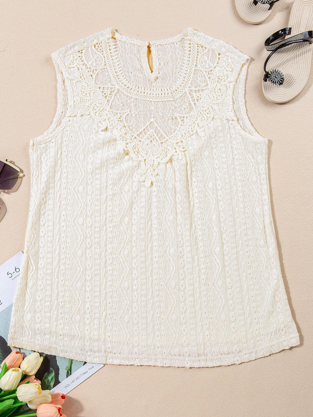 Apricot Lace Crochet Keyhole Back Sleeveless Tank Top From MsDressly