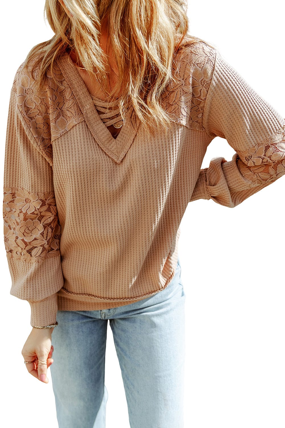 Apricot Patchwork Lace Detail V Neck Waffle Knit Long Sleeve Top from MsDressly