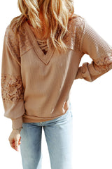 Apricot Patchwork Lace Detail V Neck Waffle Knit Long Sleeve Top from MsDressly