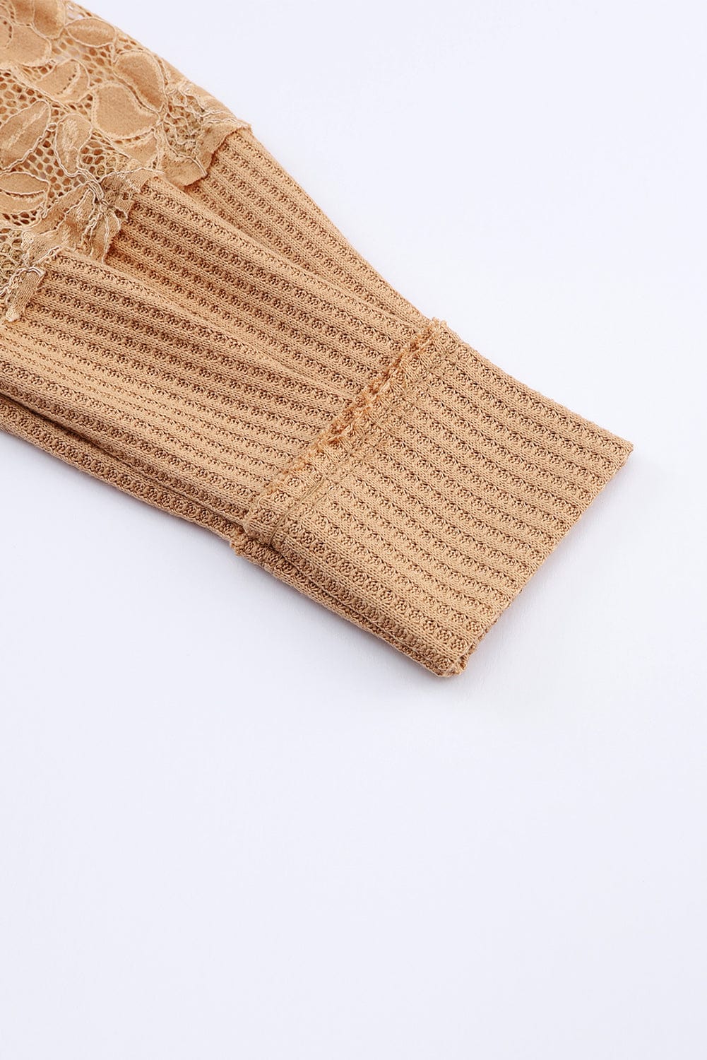 Apricot Patchwork Lace Detail V Neck Waffle Knit Long Sleeve Top from MsDressly