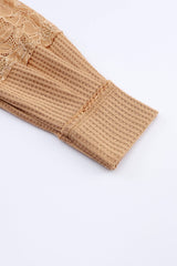 Apricot Patchwork Lace Detail V Neck Waffle Knit Long Sleeve Top from MsDressly