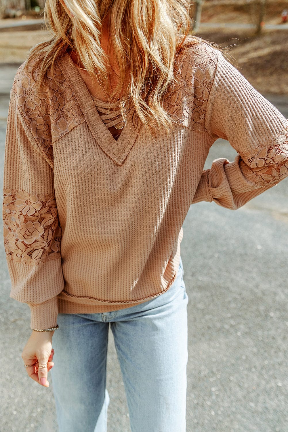 Apricot Patchwork Lace Detail V Neck Waffle Knit Long Sleeve Top from MsDressly