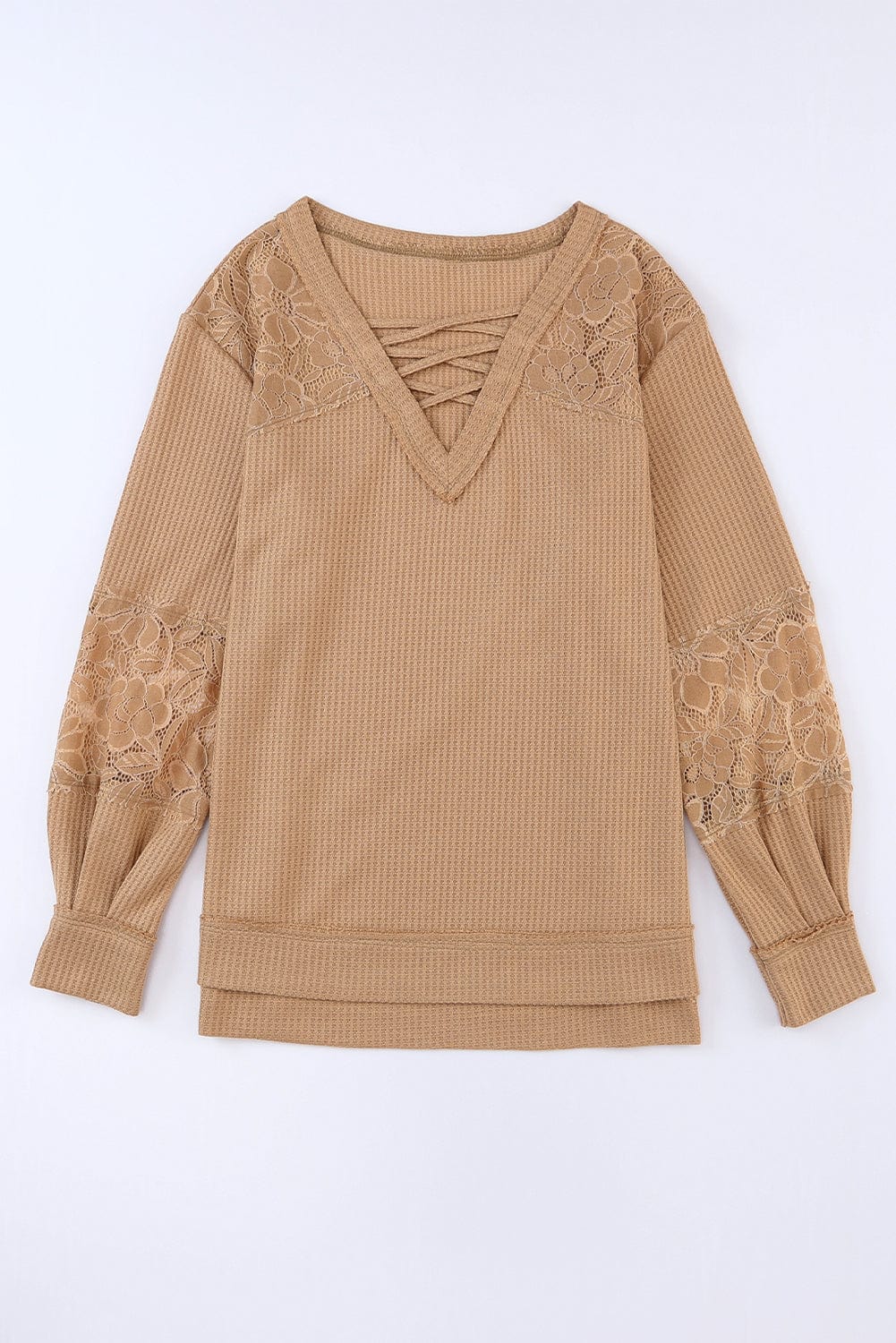 Apricot Patchwork Lace Detail V Neck Waffle Knit Long Sleeve Top from MsDressly