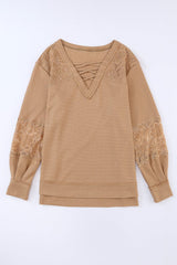 Apricot Patchwork Lace Detail V Neck Waffle Knit Long Sleeve Top from MsDressly