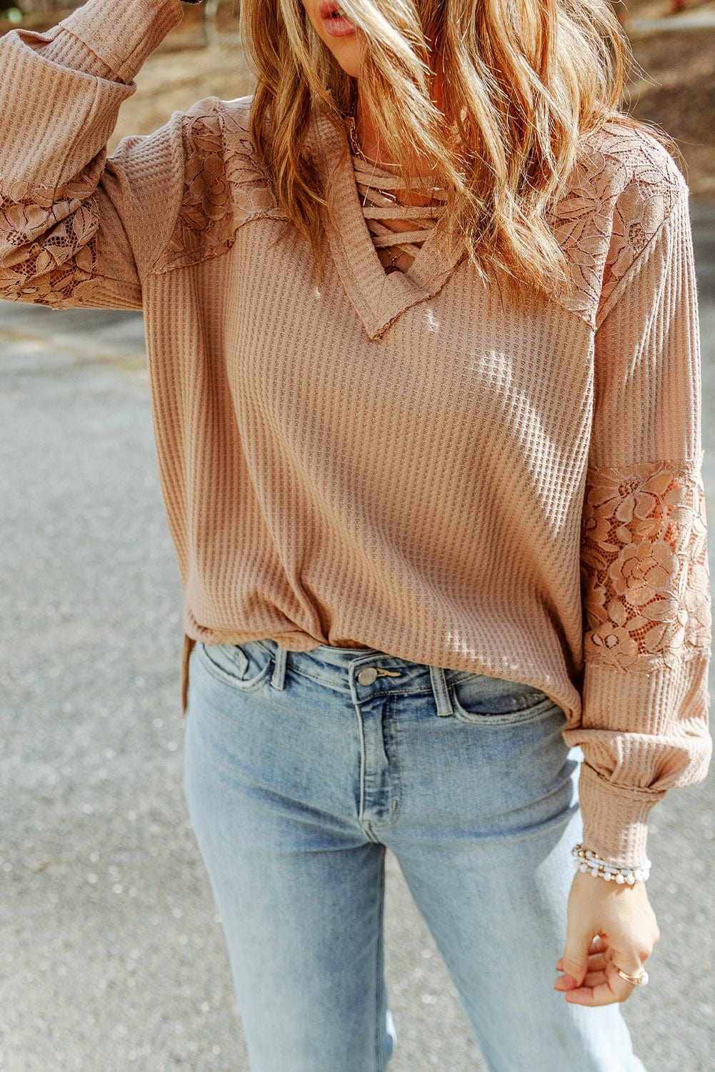 Apricot Patchwork Lace Detail V Neck Waffle Knit Long Sleeve Top from MsDressly