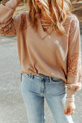 Apricot Patchwork Lace Detail V Neck Waffle Knit Long Sleeve Top from MsDressly