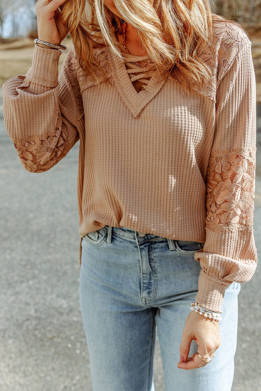Apricot Patchwork Lace Detail V Neck Waffle Knit Long Sleeve Top from MsDressly