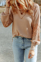 Apricot Patchwork Lace Detail V Neck Waffle Knit Long Sleeve Top from MsDressly