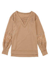 Apricot Patchwork Lace Detail V Neck Waffle Knit Long Sleeve Top from MsDressly