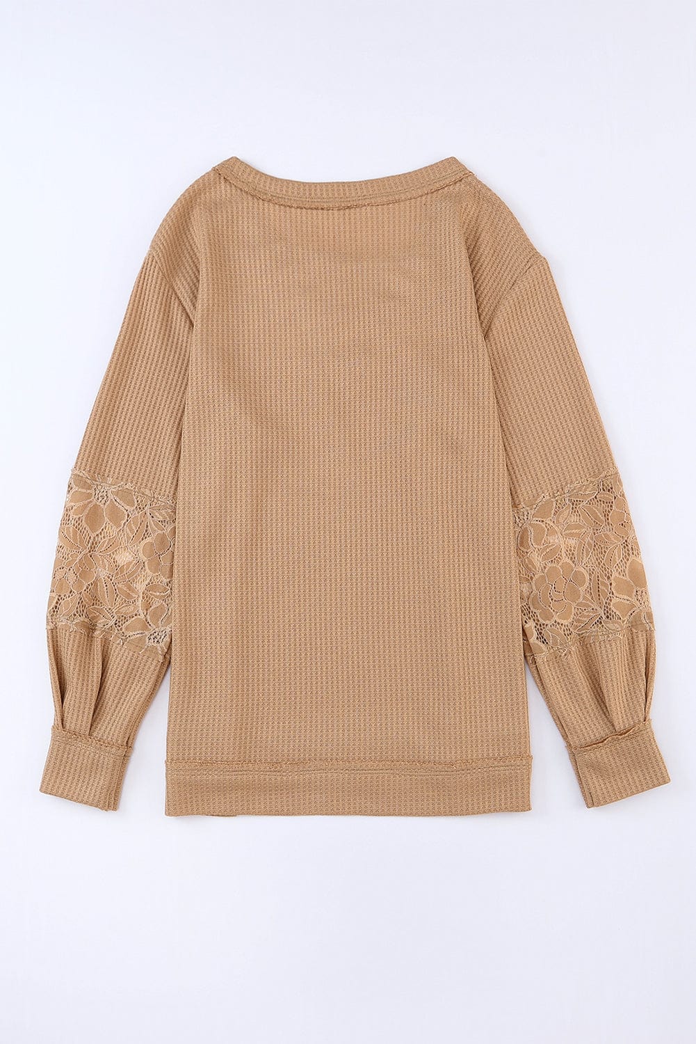 Apricot Patchwork Lace Detail V Neck Waffle Knit Long Sleeve Top from MsDressly