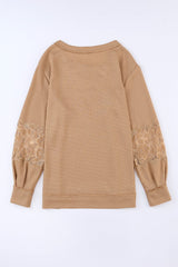 Apricot Patchwork Lace Detail V Neck Waffle Knit Long Sleeve Top from MsDressly