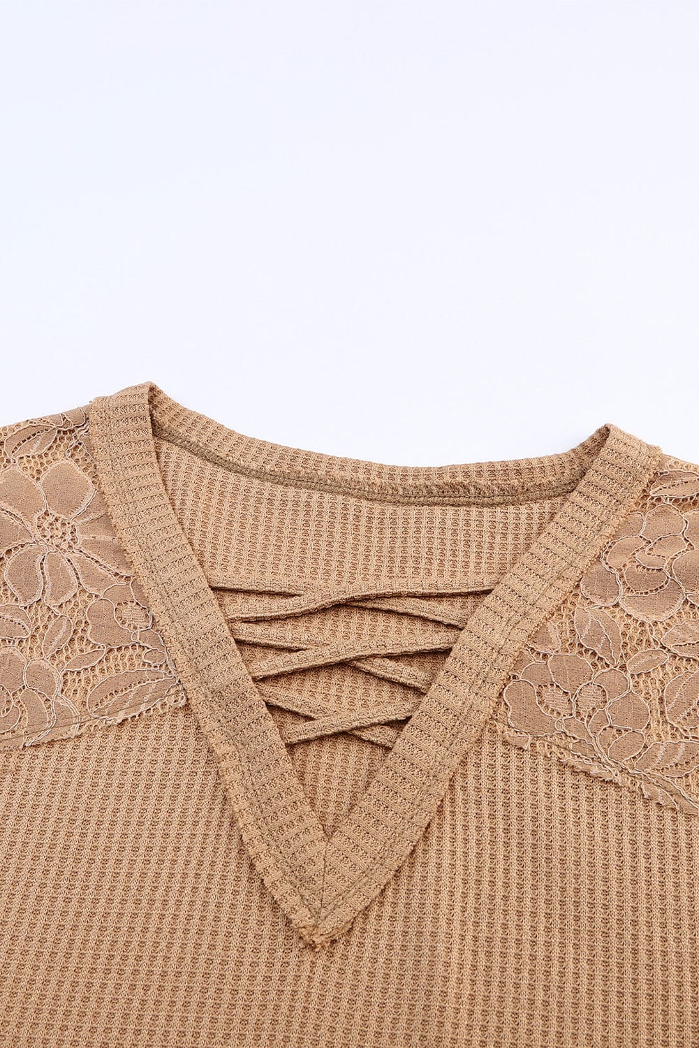 Apricot Patchwork Lace Detail V Neck Waffle Knit Long Sleeve Top from MsDressly