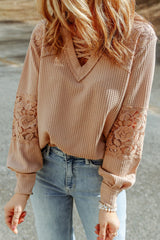 Apricot Patchwork Lace Detail V Neck Waffle Knit Long Sleeve Top from MsDressly