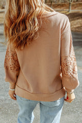 Apricot Patchwork Lace Detail V Neck Waffle Knit Long Sleeve Top from MsDressly