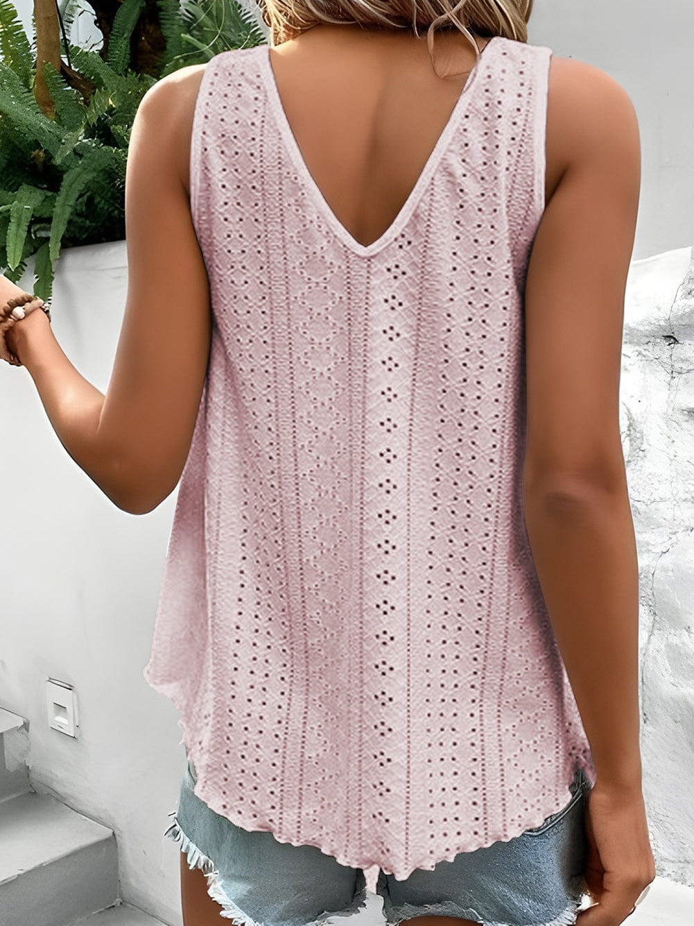 Apricot Pink Crochet Lace V-Neck Loose Fit Tank Top with Intricate Hollowouts From MsDressly