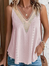 Apricot Pink Crochet Lace V-Neck Loose Fit Tank Top with Intricate Hollowouts From MsDressly