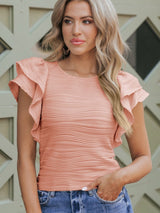 Apricot Pink Ruffle Sleeve Textured Top with Wavy Detail from MsDressly