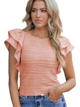 Apricot Pink Ruffle Sleeve Textured Top with Wavy Detail from MsDressly