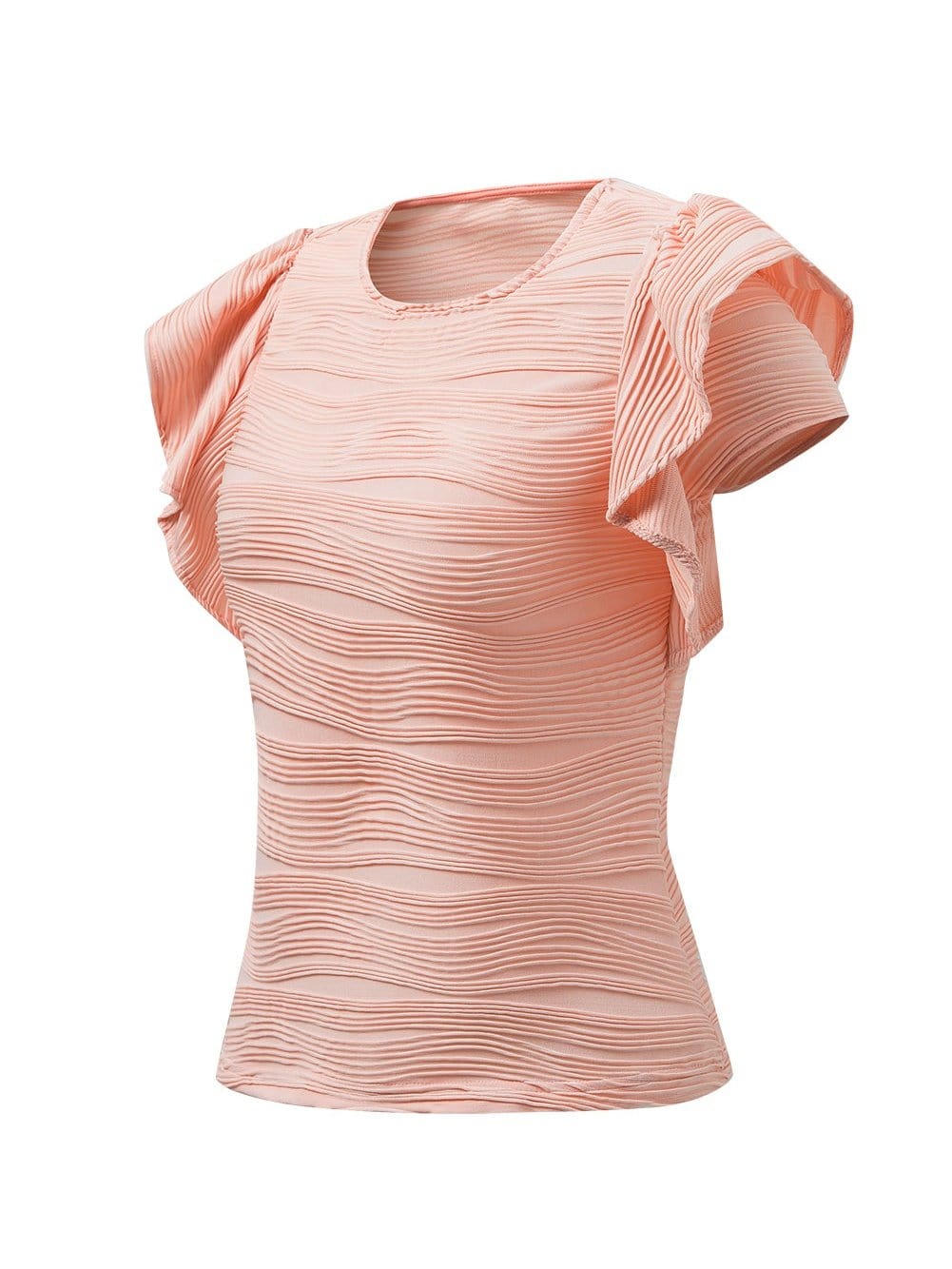 Apricot Pink Ruffle Sleeve Textured Top with Wavy Detail from MsDressly