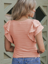 Apricot Pink Ruffle Sleeve Textured Top with Wavy Detail from MsDressly