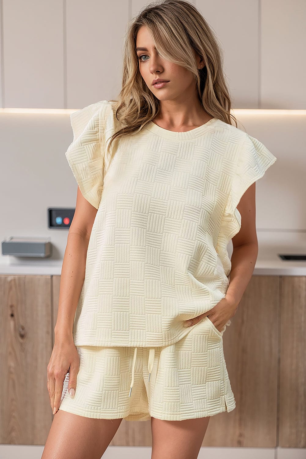 Apricot Ruffle Sleeve Tee and Drawstring Shorts Co-ord Set from MsDressly