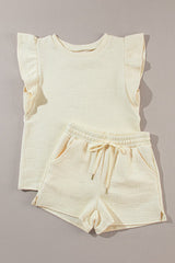 Apricot Ruffle Sleeve Tee and Drawstring Shorts Co-ord Set from MsDressly