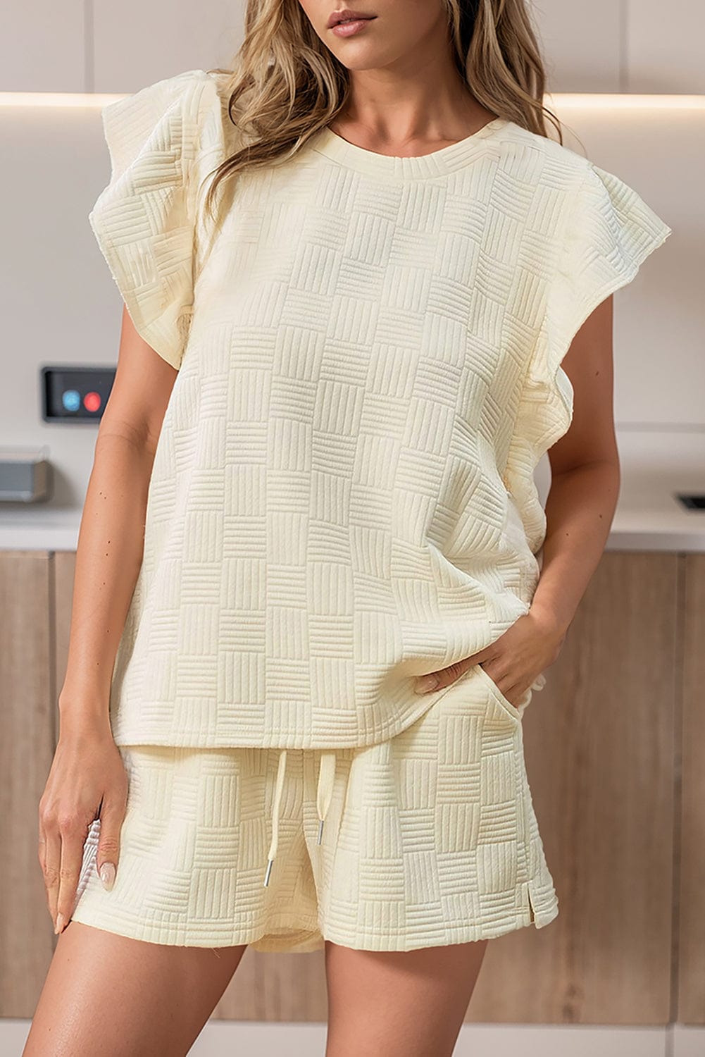 Apricot Ruffle Sleeve Tee and Drawstring Shorts Co-ord Set from MsDressly