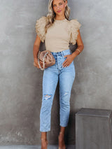 Apricot Sheer Mesh Ruffle Sleeve Top with Ribbed Detail from MsDressly