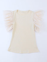 Apricot Sheer Mesh Ruffle Sleeve Top with Ribbed Detail from MsDressly