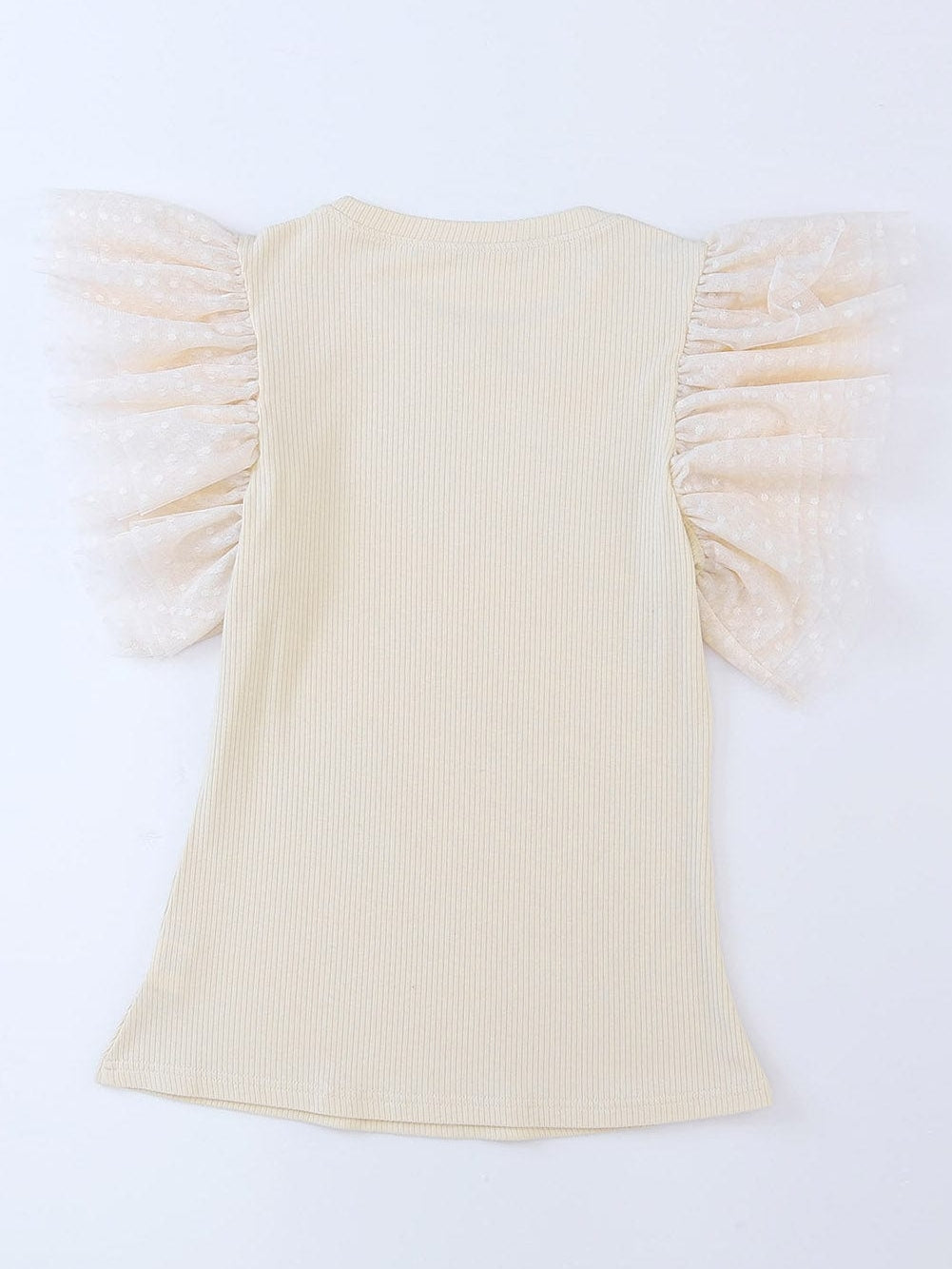 Apricot Sheer Mesh Ruffle Sleeve Top with Ribbed Detail from MsDressly