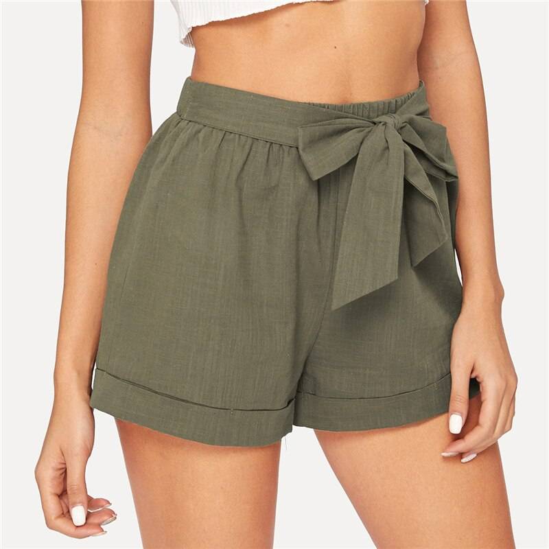 Women's Elastic Waist Belted Army Green Shorts From Kawaii Stop