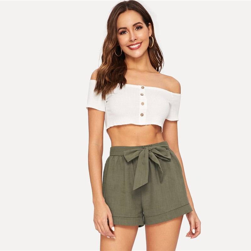Women's Elastic Waist Belted Army Green Shorts From Kawaii Stop