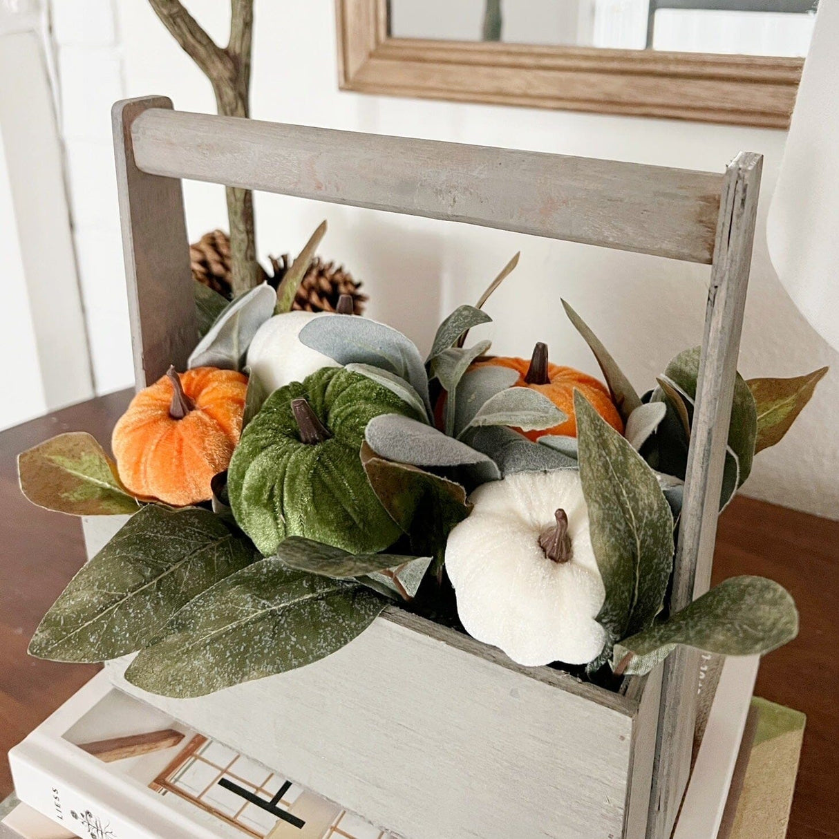 10” Fall Pumpkin Artificial Autumn Arrangement in Wood Basket from Nearly Natural