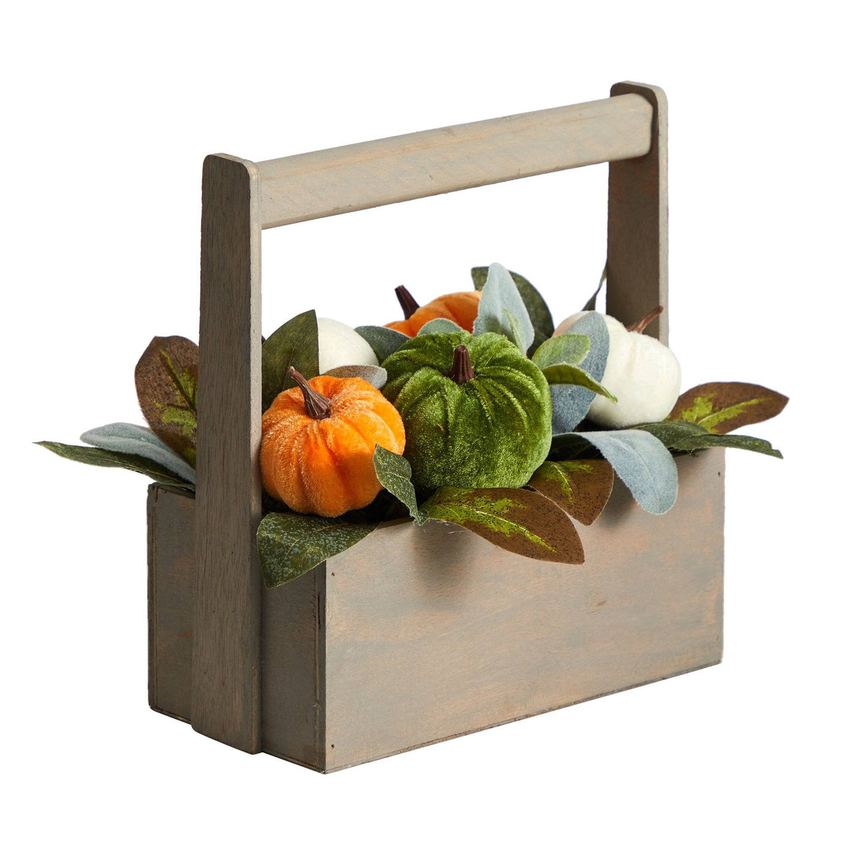 10” Fall Pumpkin Artificial Autumn Arrangement in Wood Basket from Nearly Natural