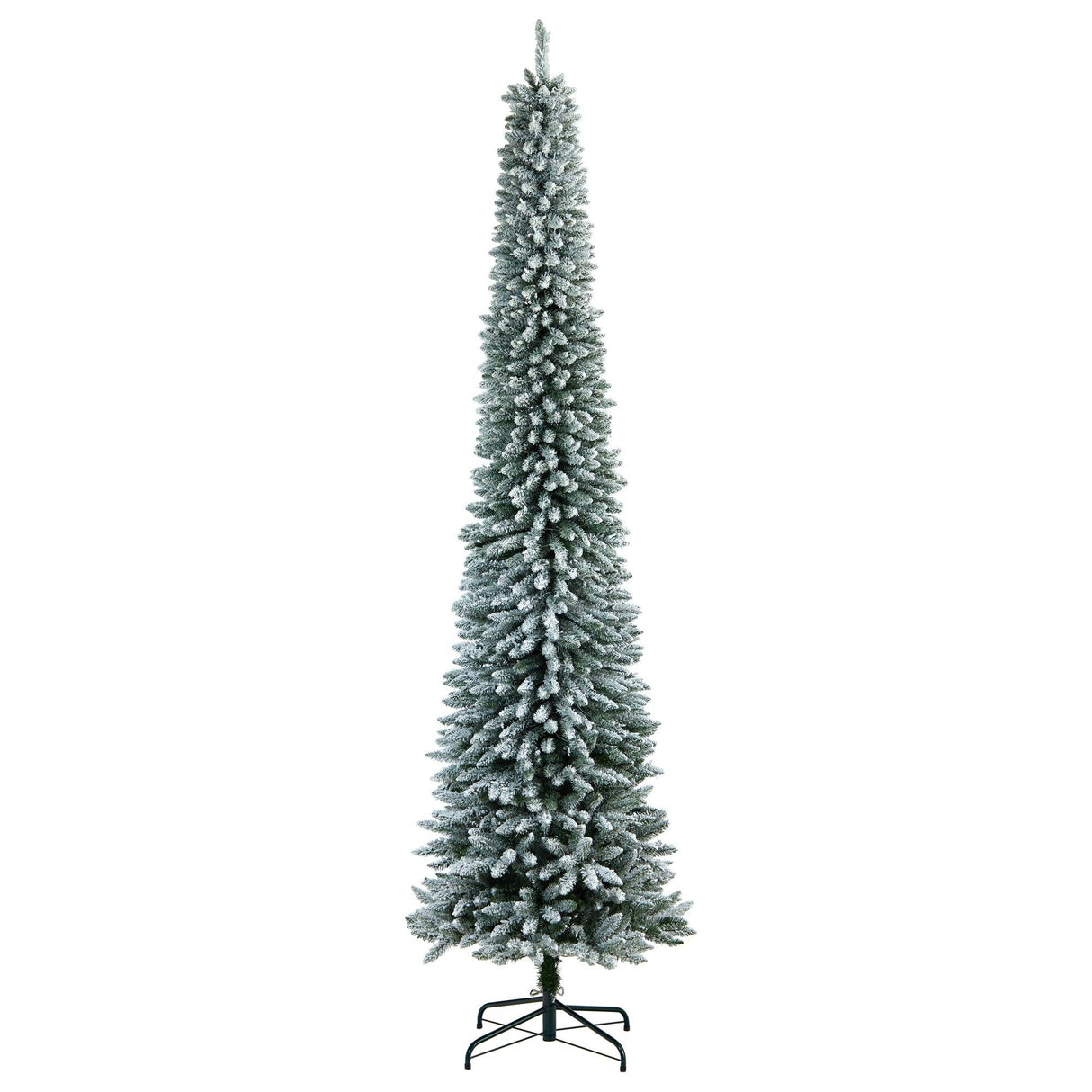 10’ Flocked Pencil Artificial Christmas Tree with 700 Clear Lights and 1145 Bendable Branches from Nearly Natural