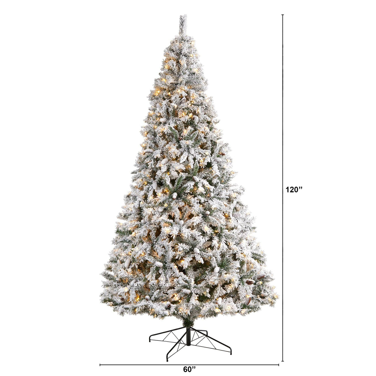 10' Flocked White River Mountain Pine Christmas Tree with Pinecones and 800 Clear LED Lights from Nearly Natural