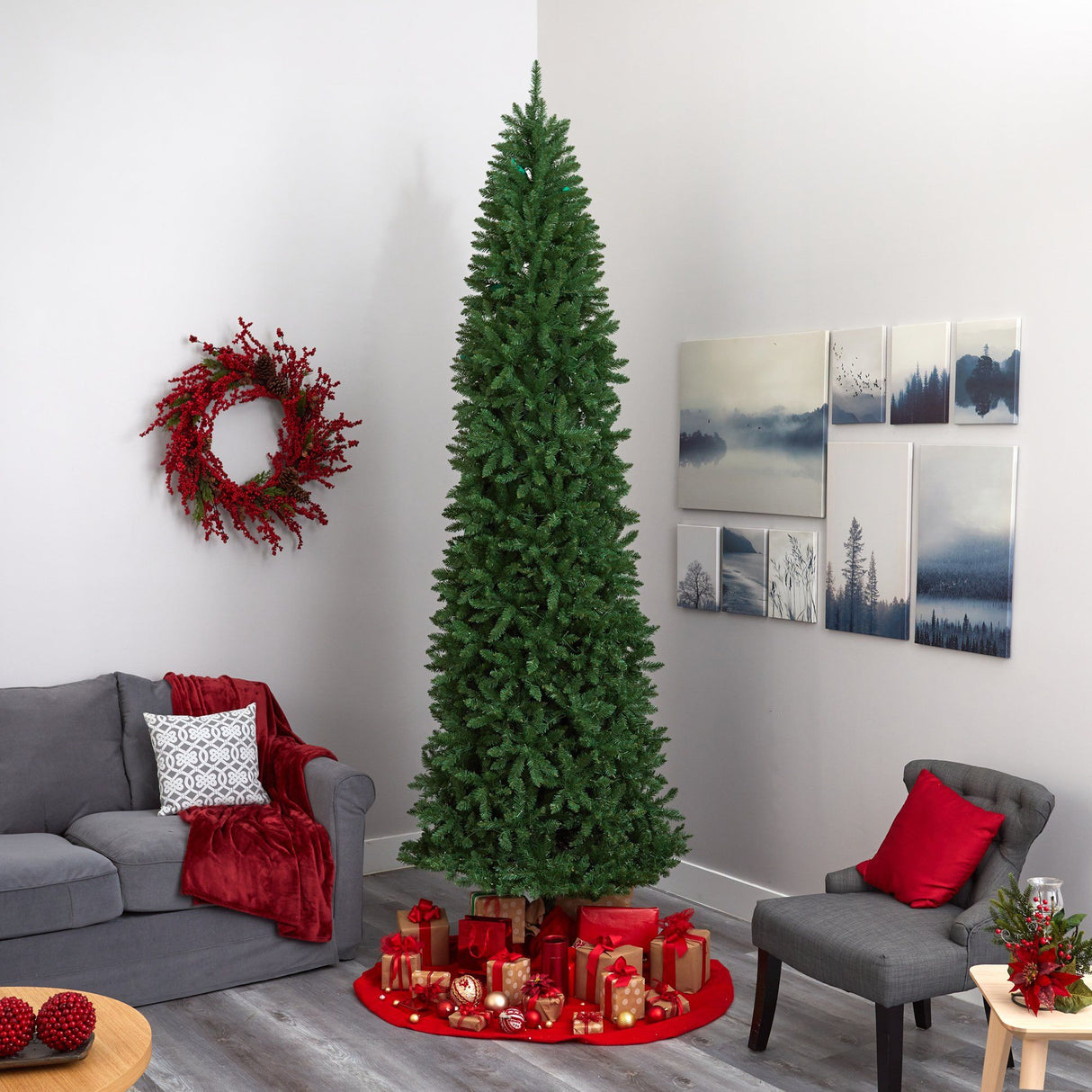 10’ Slim Green Mountain Pine Artificial Christmas Tree with 800 Clear LED Lights from Nearly Natural