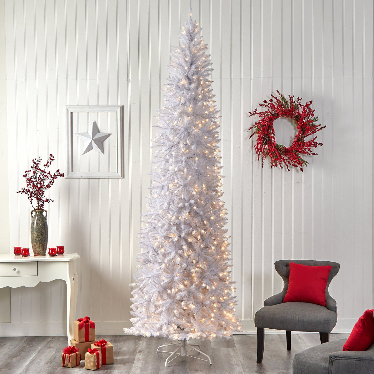 10’ Slim White Artificial Christmas Tree with 800 Warm White LED Lights and 2420 Bendable Branches from Nearly Natural