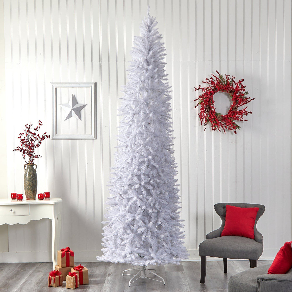 10’ Slim White Artificial Christmas Tree with 800 Warm White LED Lights and 2420 Bendable Branches from Nearly Natural